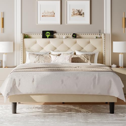 Feonase Queen Bed Frame with Luxury Wingback and Fast Charging Station,Queen Upholstered Button Tufted Storage Headboard Platform Bed,Sturdy Wooden Slats Support,Noise-Free,Easy Assembly, Beige