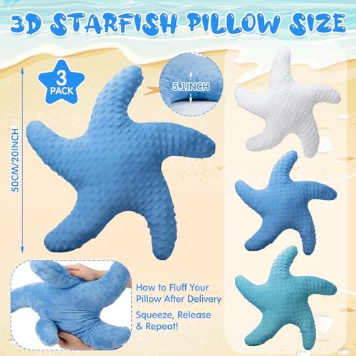 Fumete Starfish Pillow Beach Starfish Shaped Throw Pillows 20'' Stuffed Animal Cute Plush Coastal Decor Ocean Star Pillow Plush Cushion for Bedroom Living Room Sofa Couch(White Green Blue,3 Pcs)