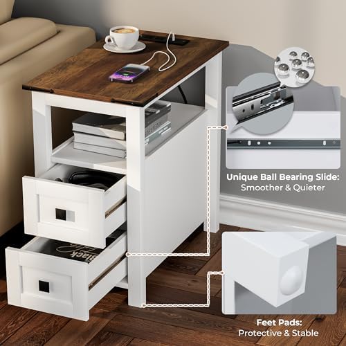 VVFLU Farmhouse End Table with Charging Station and 2 Storage Drawers, White Wood Nightstand Narrow, Skinny Side Table Rustic, Slim Bedside Table, Open Shelf, Small for Bedroom, Living Room, Sofa