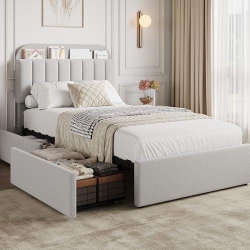 GarveeHome Twin Bed Frame, Platform Bed with Storage Headboard & Drawers