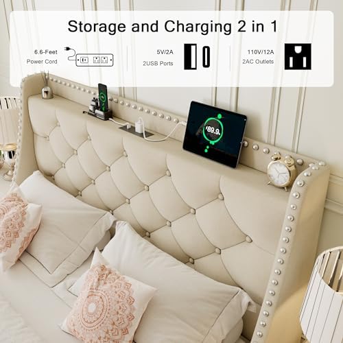 Einhomn Full Size Bed Frame with Wingback Button Tufted Storage Headboard and Type AC Ports, Upholstered Platform Bed, Wooden Slats Support, No Box Spring Needed, Noise-Free, Beige