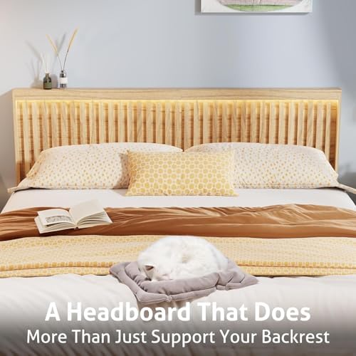 UEV Headboard with Light Elegant Wood Design (Ivory White, King)