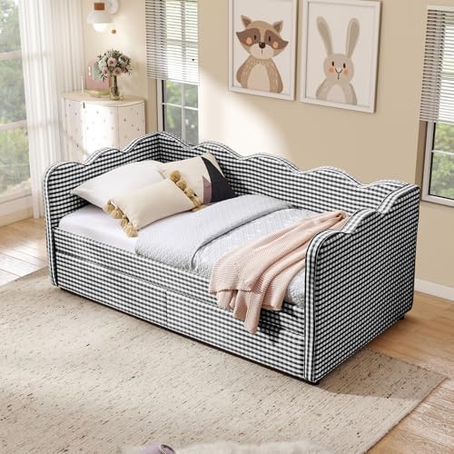 Twin Size Daybed with Storage Drawers, Linen Gingham Daybed with USB Ports & Wave Shaped, Upholstered Day Bed Frame, Modern Sofa Bed for Living Room/Bedroom/Guest Room, No Box Spring Needed, Black