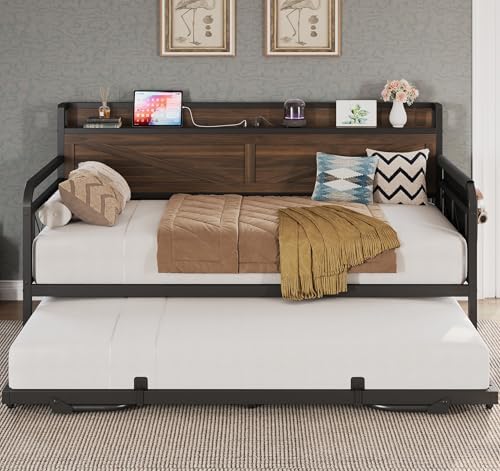 LIKIMIO Twin Daybed with Pop Up Trundle & Charging Station & Storage Shelf