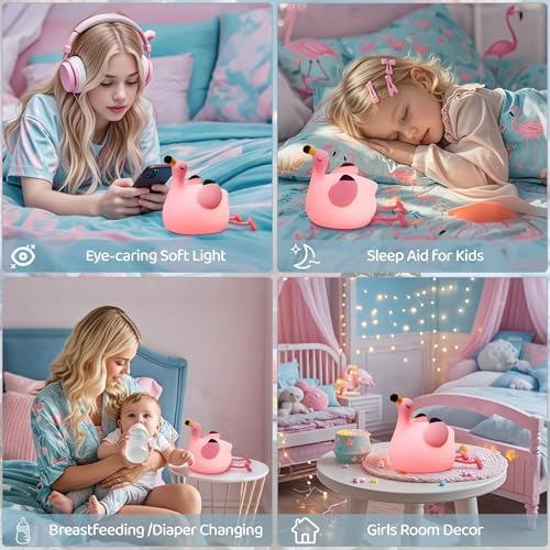 FAMIDUO Flamingo Night Light for Kids, Silicone LED Squishy Touch Lamp