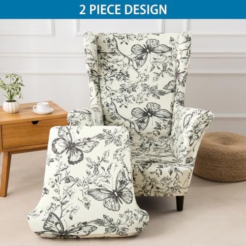 HZDHCLH Wingback Chair Slipcover 2 Piece Plush Velvet Stretch Wingback Chair Cover Washable Black Butterfly Wildflower Print Furniture Protector for Living Room Bedroom Hotel