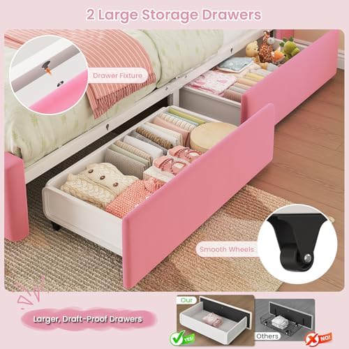 DICTAC Twin Size Bed Frame for Girls with Storage Drawers, Bookcase Headboard, LED Lights and Power Outlets, Diamond Tufted Velvet Upholstered Princess Platform Bed, Heavy-Duty Metal Support, Pink