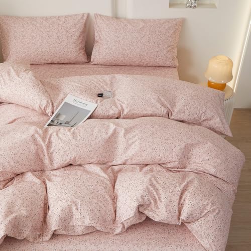HighBuy Full Size Duvet Cover Pink Floral Bedding Set French Style with Zipper Closure,Vintage Duvet Cover Set Blush Flower Shabby Chic Bedding Comforter Cover Set,Soft and Breathable