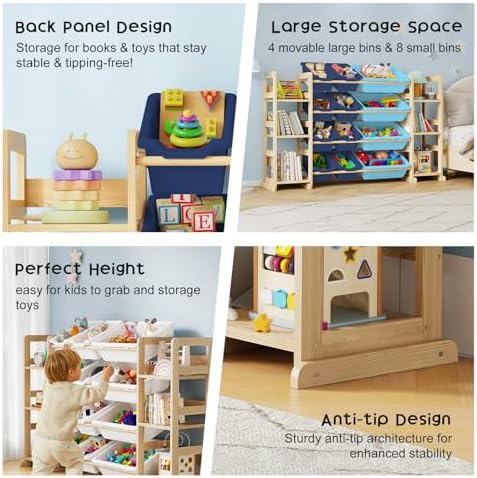 EXPERLAM Extra Large Toy Storage - Toy Storage Organizer, Wooden Toy Organizer with 6 Side Shelves and 12 Bins, 3-in-1 Bookshelf for Kids Rooms, Playroom, Nursery, Blue