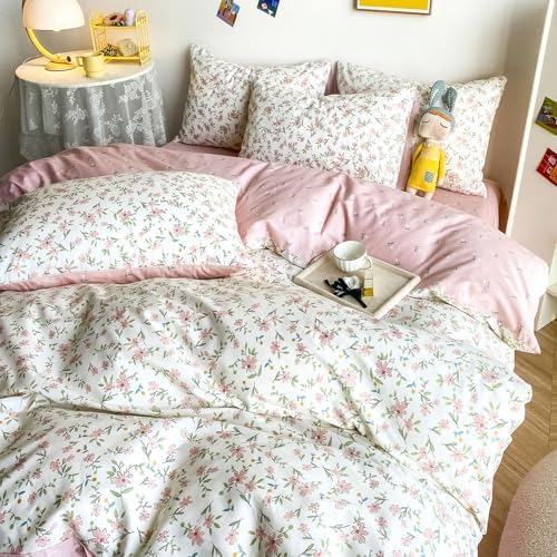 HighBuy White Cotton Floral Duvet Cover Full Girl Pink Floral Bedding Set Garden Style Botanical Coquette Bedding Comforter Cover with Zipper Closure,Cottagecore Duvet Cover Set Full,2 Pillowcases