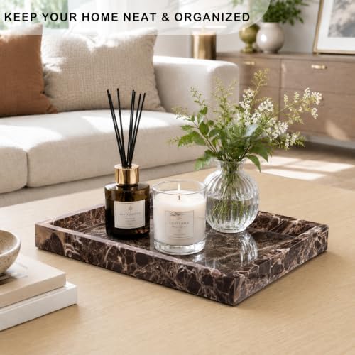 Marble Bathroom Tray for Countertop & Home Decor, Natural Decorative Marble Tray for Jewelry & Perfume Organizer, Luxury Stone Vanity Trays for Dresser, Kitchen Counter, 12" x 8", Brown