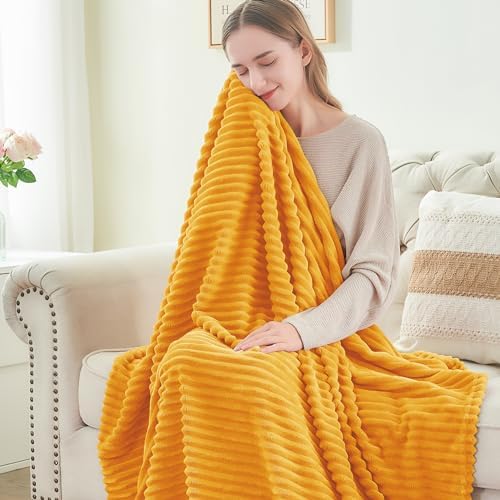 BEDELITE Ribbed Mustard Yellow Fleece Throw Blanket for Couch, 50x60 Inch