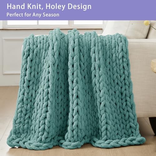 Bigacogo Chunky Knit Throw Blanket for Couch, 40x40 inches, Light Teal