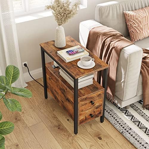 HOOBRO Set of 2 End Tables with Charging Station, Narrow Side Table with Drawers, Power Outlets, Nightstand for Small Spaces, Living Room, Stable and Sturdy, Rustic Brown and Black BF541BZP201