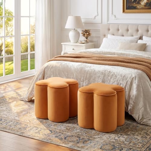Orange Velvet Ottoman Set of 2, Small Vanity Stool, Flower Footstool