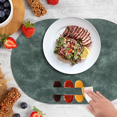 ADRIMER Oval Placemats Set of 4, Wipeable Faux Leather, Blue & Green