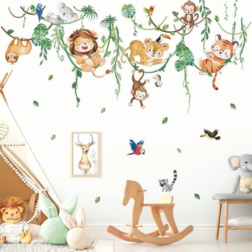 wondever Jungle Animals Climbing Tree Wall Decals Lion Tiger Wall Stickers