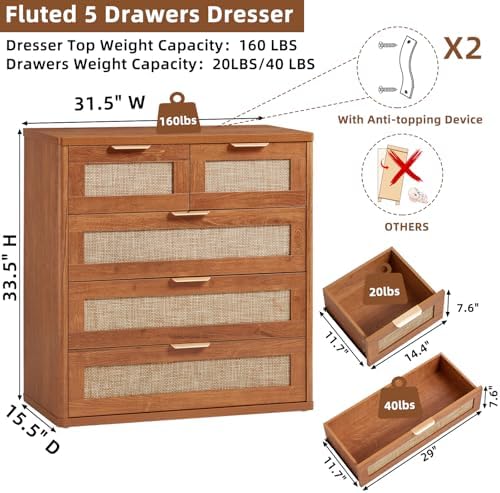 LEYAOYAO Rattan Dresser for Bedroom, 33.5" Small Chest of Drawers