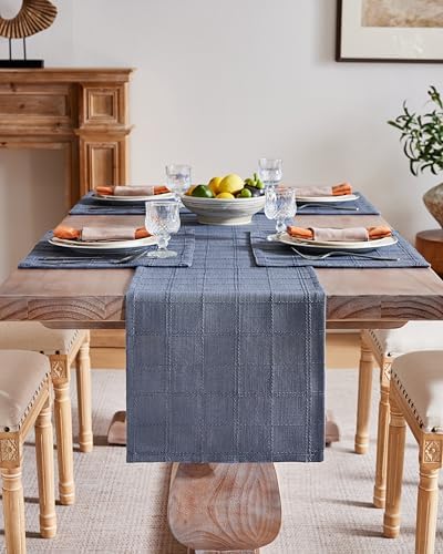 ZeeMart Linen Checked Farmhouse Table Runner, 13x108 Inches Blue