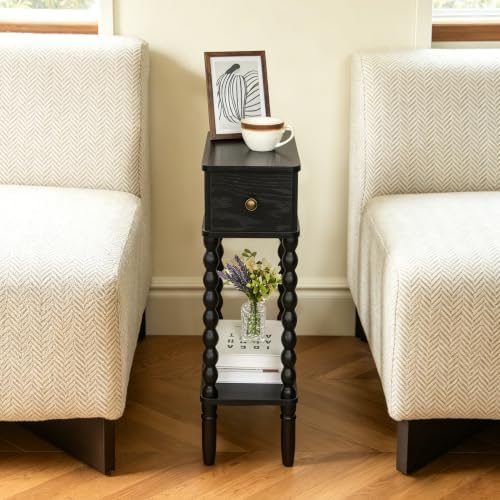 Fultyle Narrow Black Side Table with Drawer, Skinny End Table with Shelf
