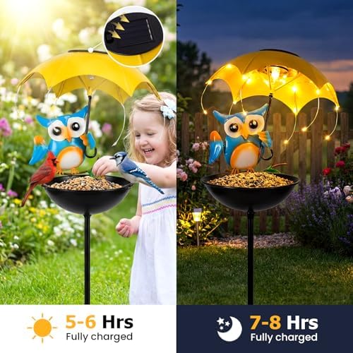 Solar Bird Feeders for Outdoors, Owl Garden Decor with Umbrella Light