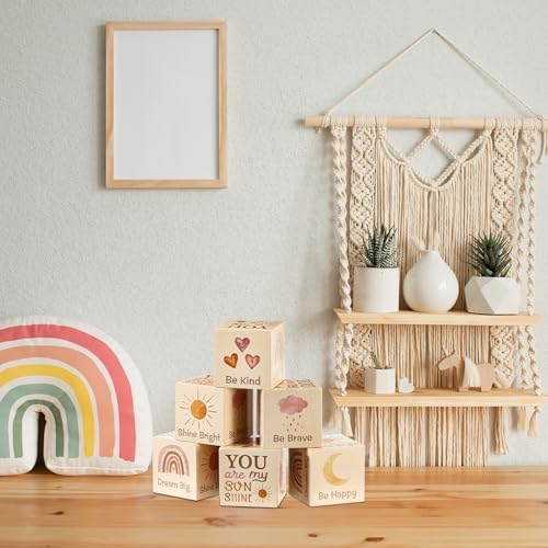6 Pcs Nursery Shelf Decor Baby Wooden Blocks, Boho Style