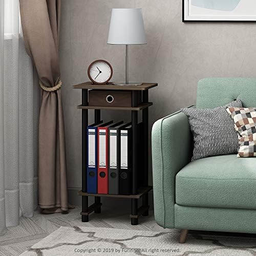 Furinno Turn-N-Tube Toolless 3-Tier Side Table, Storage Bin, Brown Walnut