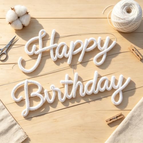 White Happy Birthday Sign Knitted Wire Words Birthday Wall Hanging Decor