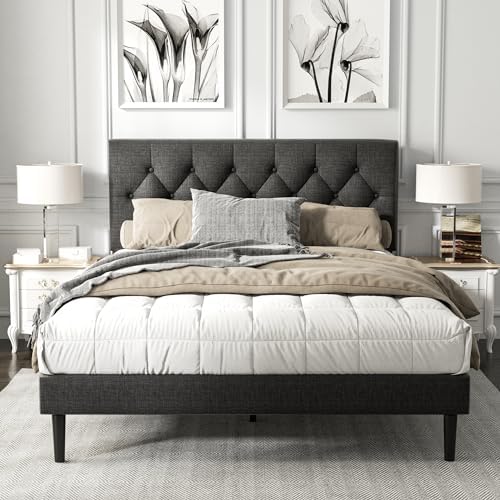 HAOARA Queen Size Platform Bed Frame with Upholstered Button Tufted Headboard, Mattress Foundation with Wooden Slat Support, Noise Free, No Box Spring Needed, Easy Assembly, Dark Grey