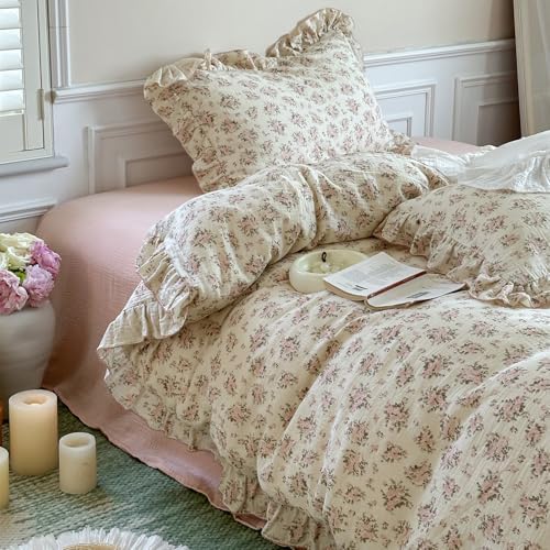 Vintage Flower Duvet Cover Set Muslin Cotton Full(80"x90"),Pink Floral