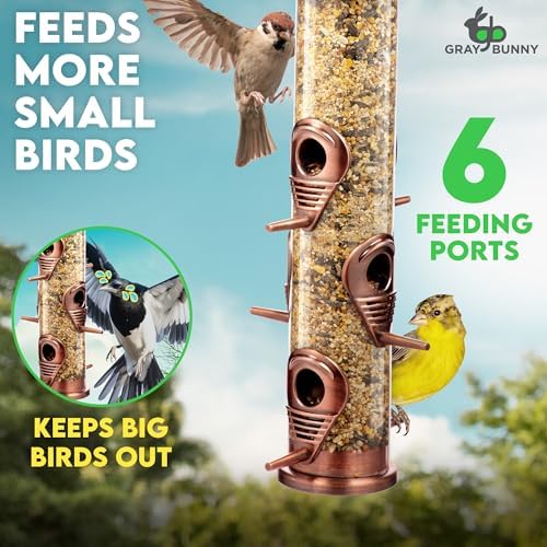 Gray Bunny Squirrel Proof Bird Feeders for Outdoors 6 Port Metal Tube