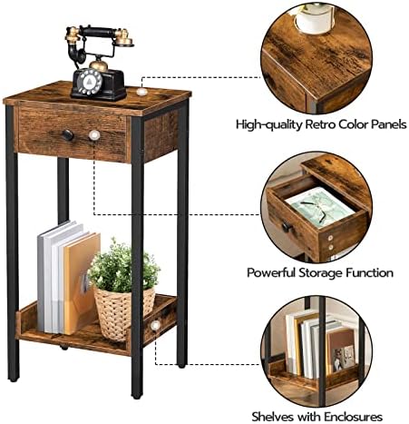 HOOBRO Tall End Table, Industrial Side Table with Drawer and Storage Shelf