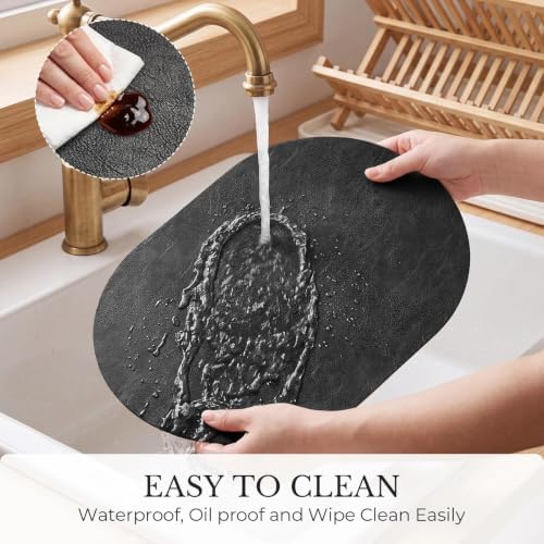 MOSAYT Vinyl Faux Leather Oval Placemats, Set of 6, Black