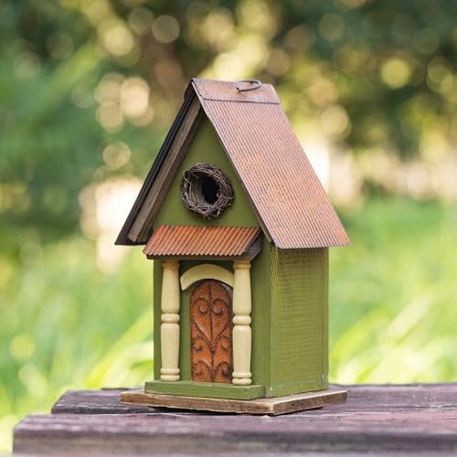Glitzhome Hanging Birdhouse for Outdoors, Bird Houses for Outside, 11.25" H Vintage Distressed Decorative Wooden Bird House Garden Birdhouse for Bluebird Hummingbird Wren Finch Cardinals Cedar