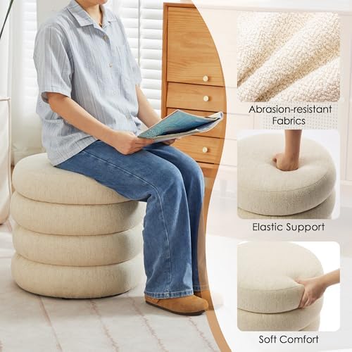 Linen Ottoman Set of 2, Round Tufted Storage Ottoman Pair, Modern Cream Ottoman with Removable Lids for Lounge and Dorm, Beige Set