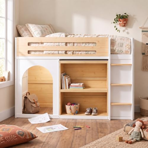 LUMISOL Full Size Loft Bed with Storage and Bookshelf, Playhouse Wooden High Sleeper Bed with Guardrails and Ladder, Space Saving Loft Bed for Kids Boys and Girls, White
