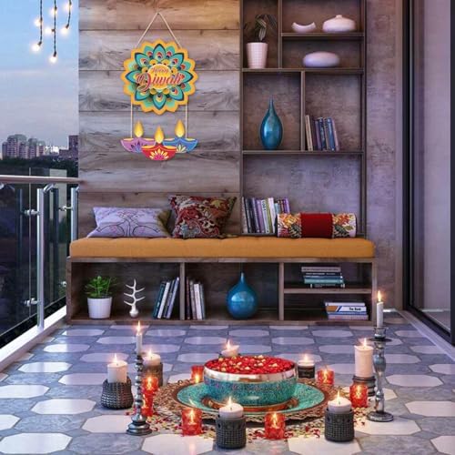 LHIUEM Happy Diwali Wood Signs Diwali Party Games Wall Decor Set of 2(10“X20”)Lotus Hangings Decoration Indian Happy Diwali Banner Wooden Decor Diwali Decorations for Home Housewarming Indian Garland
