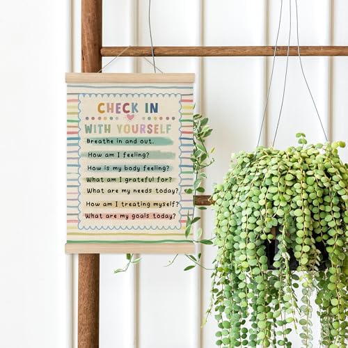 MAQIKA Mental Health Poster Framed with Wood Hanger, Boho Classroom Hanging Wall Decor, Check in with Yourself Rainbow Striped Canvas Wall Art Paints for Therapy Office Kids Room Classroom, 12x16 Inch