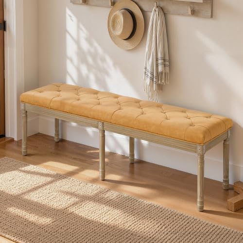 LUE BONA 60" Leather End of Bed Bench, Upholstered Tufted French Bedroom Bench with Carved Wood Legs for Bedroom End of King Size Bed, Living Room, Honey Tan