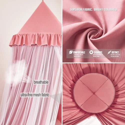 Kertnic Princess Bed Canopy for Girls, Double Layer Round Bed Mosquito Net, 31.5" Large Dome Indoor Castle Bed Tent, Sleeping & Reading Nook Curtain for Boys Girls (Dark Rusty-Pink)