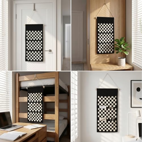 IAXIC Canvas Wall Hanging Organizer with Pockets Fish Extender Hanging Pouch Checkerboard Door Closet Organizers Fabric Storage Pockets Wall Decoration