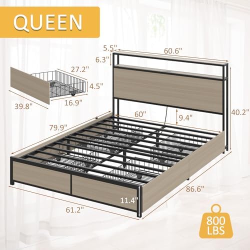 Lifezone Queen Bed Frame with 2-Tier Storage Headboard, Metal Platform Bed Frame with 4 Storage Drawers, Built in Charging Station & LED, Noise-Free/Metal Support/No Box Spring Needed, Beige