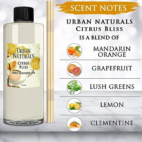 Urban Naturals Reed Diffuser Oil Refill Citrus Bliss with Mandarin, Grapefruit, Lemon Water, Clementine, Green Notes 8 oz + Free Reed Sticks, Made in the USA