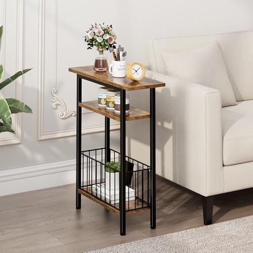 Vagusicc Narrow Side Table, 3-Tier Skinny End Table for Couch Sofa, Small Side Tables for Small Spaces, Bed Side Table with Storage, 25.2" Tall Slim Nightstand for Living Room, Bedroom, Rustic Brown