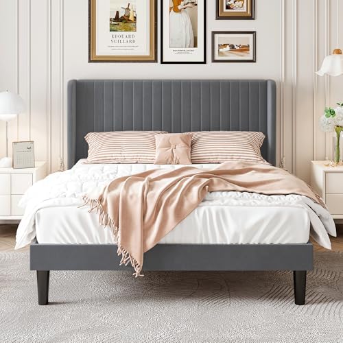 SHA CERLIN Full Size Velvet Bed Frame, Tufted Wingback Headboard, Grey