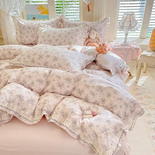 Garden Flower Duvet Cover Set Muslin Cotton Queen(90"x90"),Pink Blue