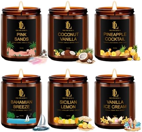 6 Pack Scented Candles Set, 42oz 300 Hour Long Lasting Candle, Soy Candles for Home Scented, Scents of Coconut Vanilla/Pineapple Cocktail/Sicilian Lemon/Pink Sands/Bahama Breeze/Vanilla Ice Cream