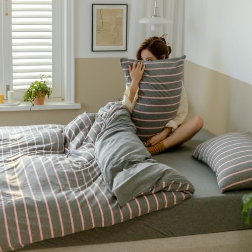 Gray & Pink Striped Duvet Cover Twin XL 3Pcs Jersey Knit Reversible Bedding