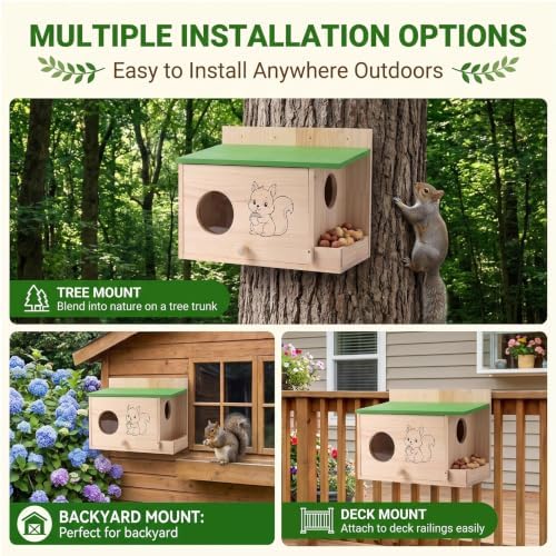 Large Squirrel Houses for Outside, Squirrels Nesting Box with Acrylic Viewing Window, Wood Squirrel Box with Feeder, Backyard Squirrel Shelter Squirrels Feeders for Outside
