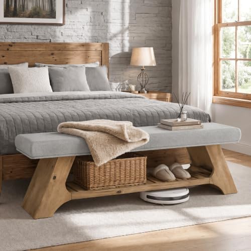 Tribesigns 55" Solid Wood Bench with Cushion, Upholstered Entryway Bench